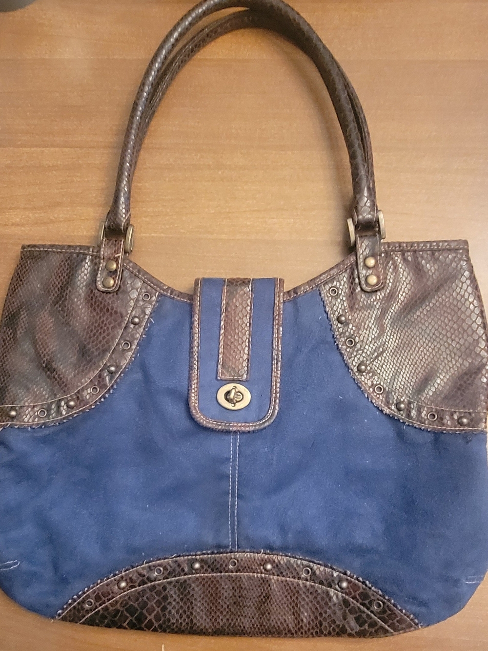 Blue Suede Shoulder/Hobo Bag with Brown Trim